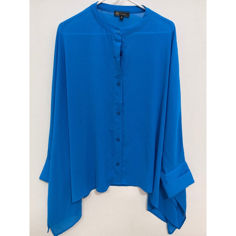 DG2 Diane Gilman Electric Blue Band Collar Handkerchief Hem Blouse 1X